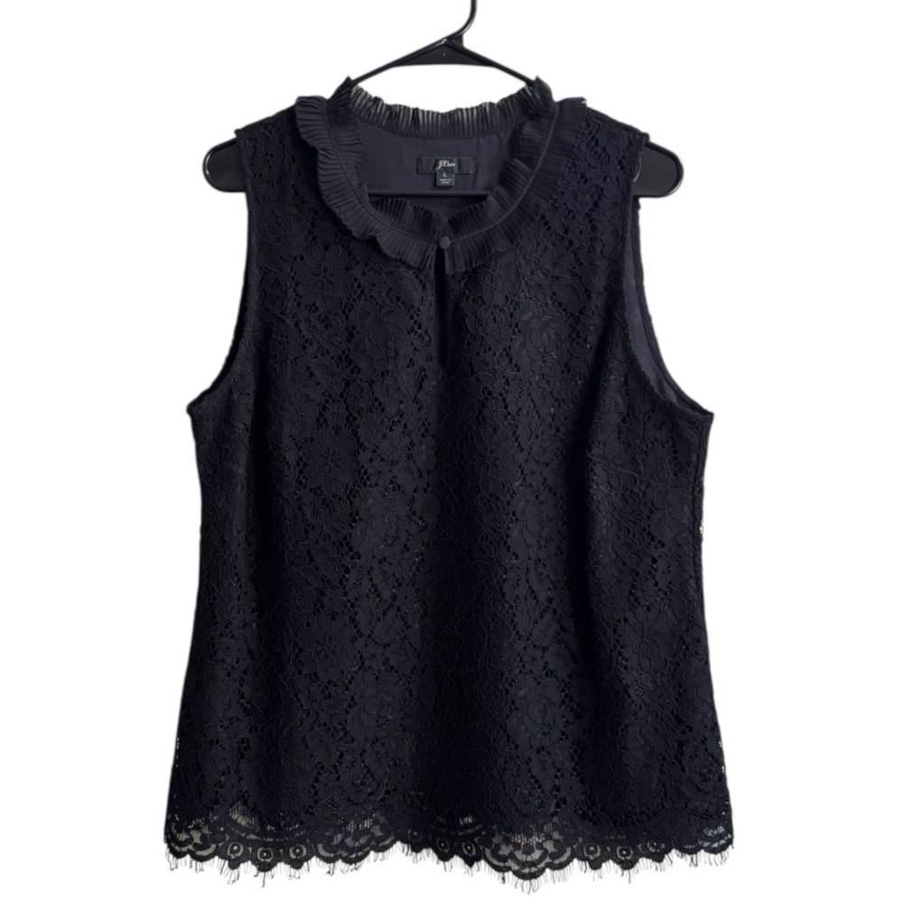 J Crew Womens Black Lace Ruffle Neck Sleeveless Top Large